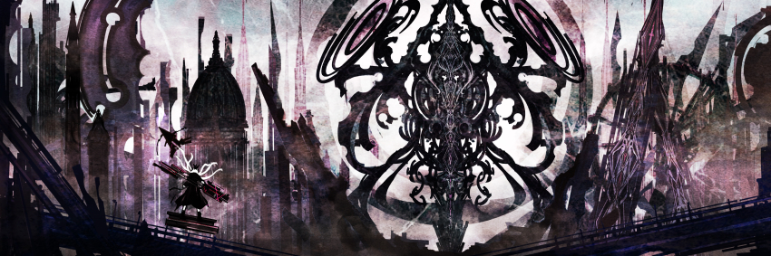 1girl absurdres architecture from_behind gothic_architecture highres holding holding_weapon huge_weapon long_hair monster original outdoors riz_kira ruins scenery solo standing very_long_hair weapon
