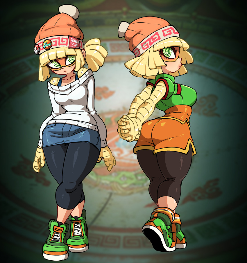 1boy @_@ arms_(game) arms_behind_back ass badge beanie black_leggings blonde_hair blunt_bangs button_badge denim denim_skirt domino_mask green_eyes hat high_tops highres interlocked_fingers jellot leggings leggings_under_shorts mask min_min_(arms) multiple_views off-shoulder_sweater off_shoulder orange_shirt orange_shorts own_hands_clasped own_hands_together ponytail shirt shoes short_hair shorts skirt sneakers sweater white_sweater