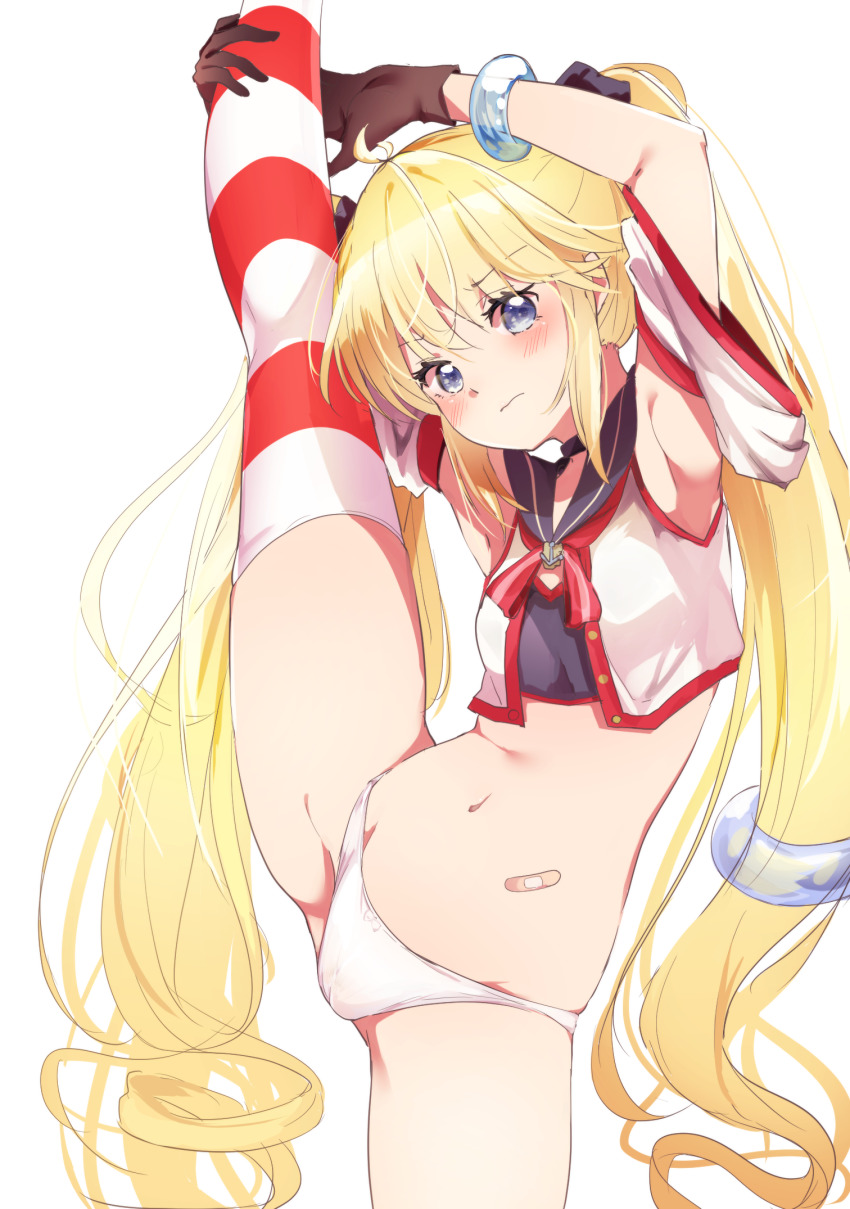 1girl andrea_doria_(warship_girls_r) bandaid_on_stomach black_choker blonde_hair blue_eyes breasts brown_gloves choker detached_sleeves flexible gloves highres leg_lift leg_up long_hair navel panties small_breasts solo split standing standing_on_one_leg standing_split striped_clothes striped_thighhighs suwakana thighhighs twintails underwear very_long_hair warship_girls_r white_panties
