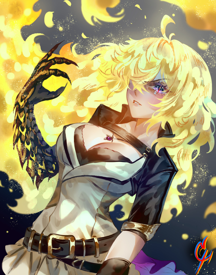 1girl absurdres ahoge belt black_background black_belt black_shirt black_shrug blonde_hair breasts brown_vest cleavage coconuthound commentary cowboy_shot english_commentary eyelashes fiery_hair hair_over_one_eye highres jacket jewelry large_breasts leather long_hair looking_at_viewer monsterification necklace parted_lips purple_eyes rwby shirt shrug_(clothing) signature three-quarter_sleeves slit_pupils solo underwear very_long_hair vest yang_xiao_long