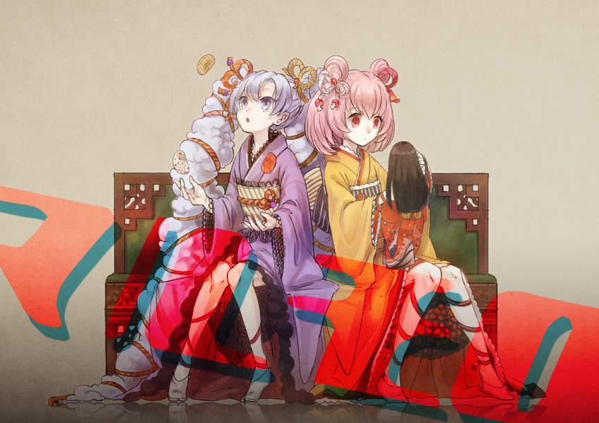 2girls :o chair doll double_bun hair_bun japanese_clothes kimono long_hair maru_(xxxholic) migita moro_(xxxholic) multiple_girls obi pink_hair purple_eyes purple_hair red_eyes sash short_hair sitting twintails wooden_chair xxxholic