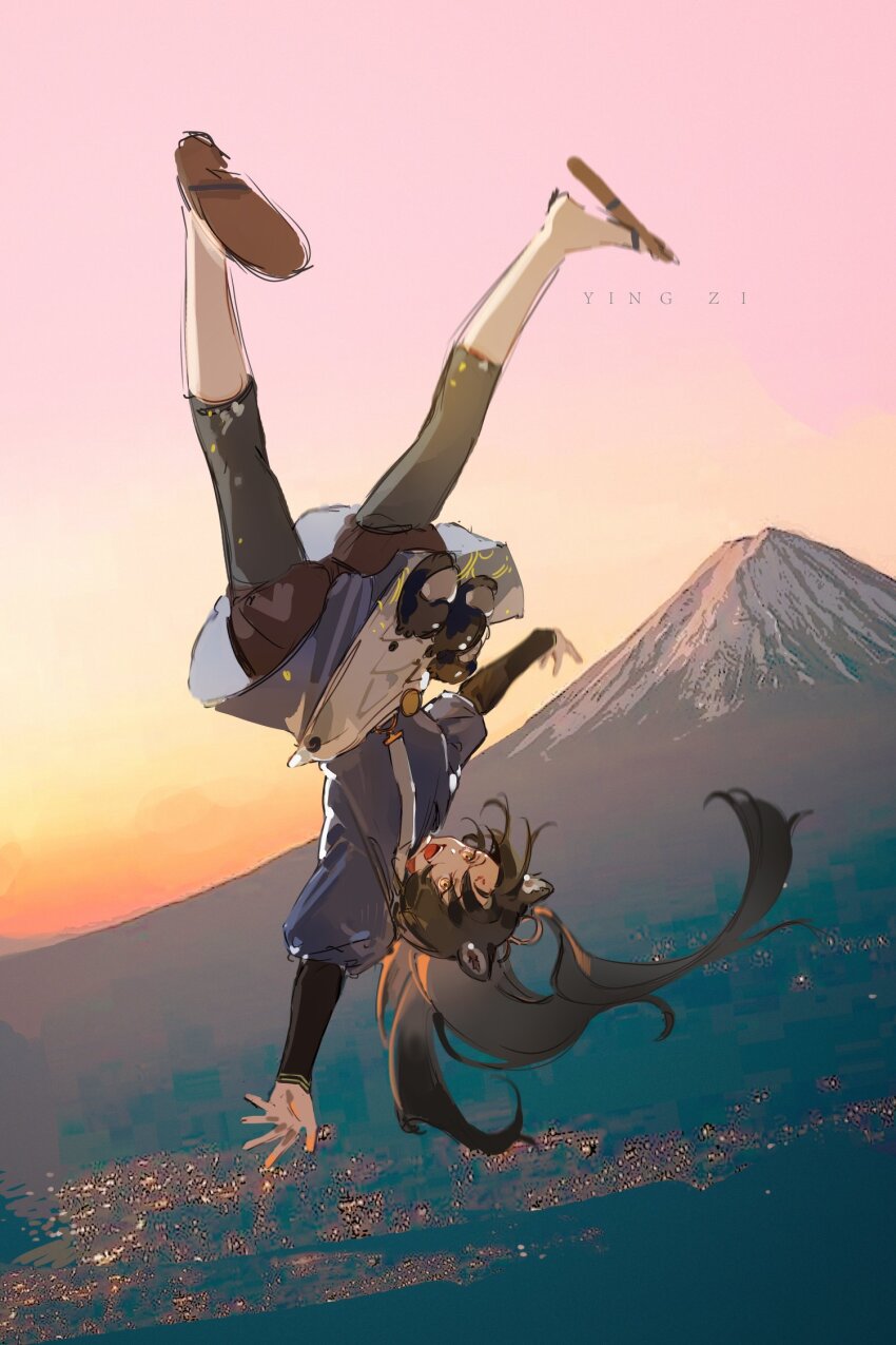 1girl animal_ears arknights black_hair dog_ears dusk falling gradient_sky highres japanese_clothes long_hair mount_fuji saga_(arknights) sky slippers solo yingzi