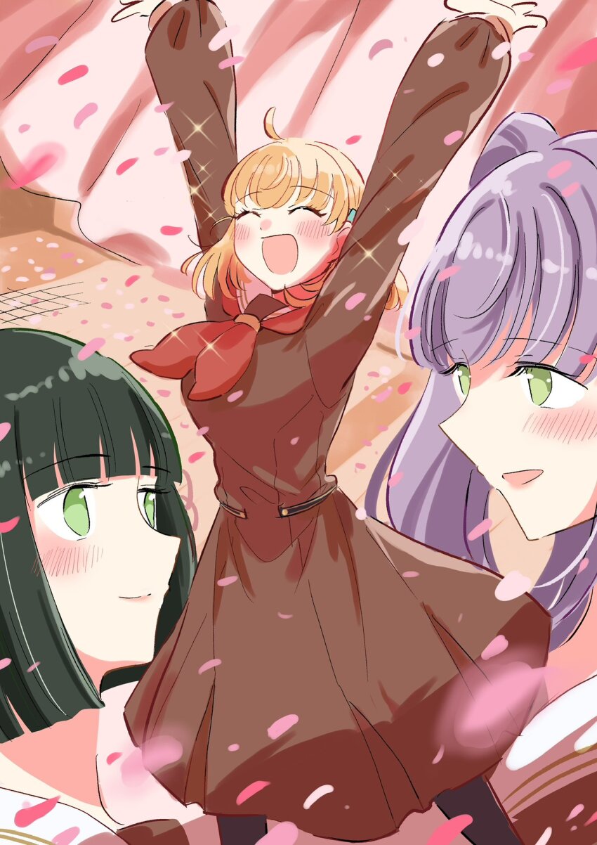 3girls :d ^_^ ahoge arms_up black_pantyhose blunt_bangs blunt_ends blush bob_cut brown_dress cerise_bouquet check_commentary closed_eyes closed_mouth commentary_request crossed_bangs dress erako9 eye_contact falling_petals green_eyes green_hair hair_ornament hasu_no_sora_school_uniform highres hinoshita_kaho link!_like!_love_live! long_hair long_sleeves looking_at_another love_live! medium_dress medium_hair momose_ginko multiple_girls neckerchief open_mouth orange_hair otomune_kozue pantyhose petals pink_petals pleated_dress purple_hair rabbit_hair_ornament red_neckerchief sailor_collar sailor_dress school_uniform short_hair side_ponytail sidelocks sideways_mouth smile sparkle split_mouth two_side_up virtual_youtuber white_sailor_collar winter_uniform