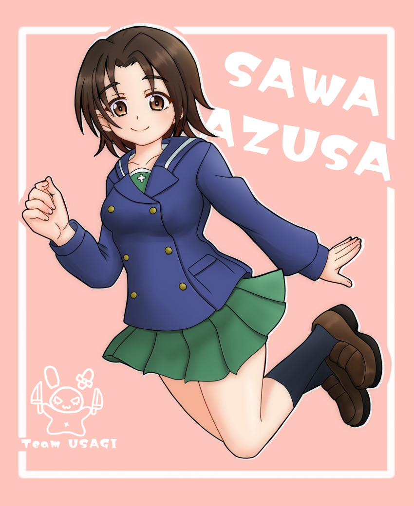 1girl absurdres amanone_yun black_socks blue_jacket brown_eyes brown_hair brown_shoes buttons character_name closed_mouth double-breasted english_text floating full_body girls_und_panzer green_skirt highres jacket legs_up loafers looking_at_viewer miniskirt ooarai_school_uniform parted_bangs pink_background pleated_skirt sailor_collar sawa_azusa school_uniform shoes short_hair skirt smile socks solo winter_uniform