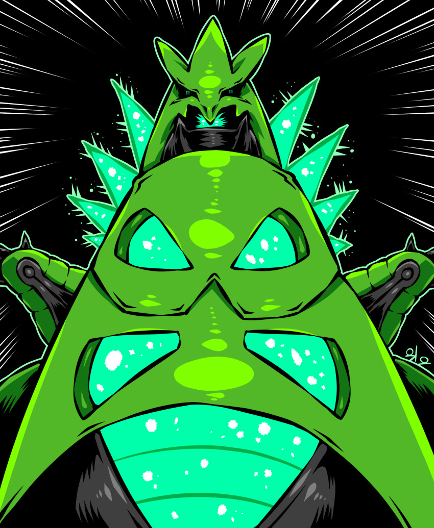 absurdres arms_up bidul_(bidul72476120) black_background creature gen_4_pokemon highres horns iron_thorns looking_up nintendo no_humans pokemon pokemon_(creature) solo spikes standing