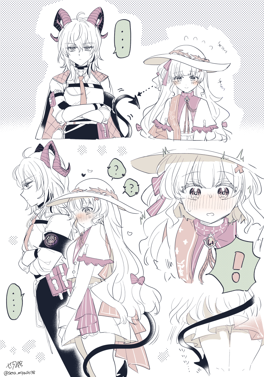 ! ... 2girls ? absurdres armband blush choker closed_mouth collared_shirt commentary_request demon_tail dress flying_sweatdrops frown hair_ribbon hat heart highres horns long_hair miyachi_(tanya_visha) multiple_girls necktie pants phoebe_(wuthering_waves) ribbon shirt smile spoken_ellipsis spoken_exclamation_mark spoken_question_mark sun_hat sweat tail tail_around_another&#039;s_leg tail_wrap wuthering_waves yuri zani_(wuthering_waves)