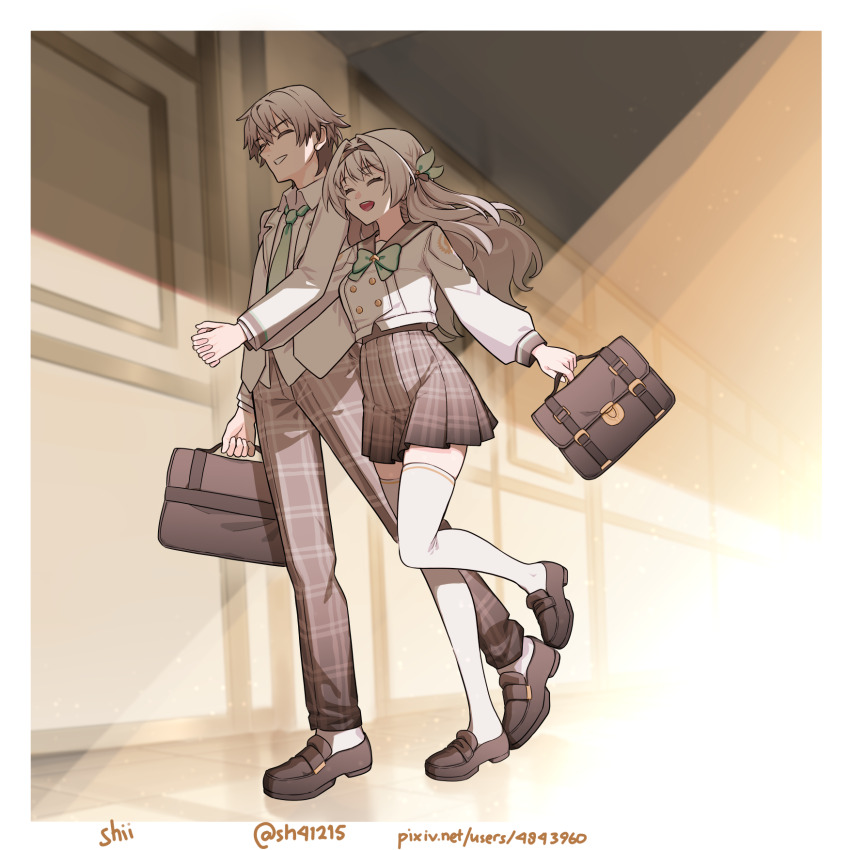 1boy 1girl alternate_costume artist_name bag black_hairband black_shoes blazer bow bowtie buttons caelus_(honkai:_star_rail) closed_eyes collared_shirt commentary double-breasted english_commentary firefly_(honkai:_star_rail) firefly_(spring_missive)_(honkai:_star_rail) green_bow green_bowtie green_necktie grey_hair grey_jacket grey_pants grey_skirt grin hairband highres holding holding_bag holding_hands honkai:_star_rail honkai_(series) interlocked_fingers jacket loafers long_hair long_sleeves necktie official_alternate_costume open_clothes open_jacket open_mouth pants pixiv_id plaid_clothes plaid_pants plaid_skirt pleated_skirt school_bag shi_(shi4557) shirt shoes skindentation skirt smile thighhighs trailblazer_(honkai:_star_rail) twitter_username white_shirt white_thighhighs zettai_ryouiki