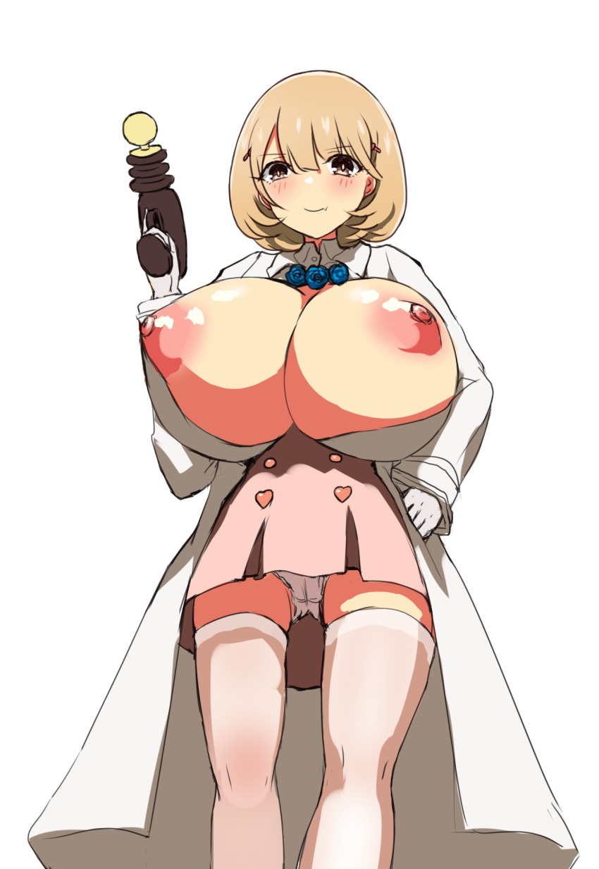 10s 1girl breasts brown_eyes brown_hair female_focus highres hu_sea huge_breasts narusawa_ryouka nipples occultic;nine short_hair simple_background solo white_background