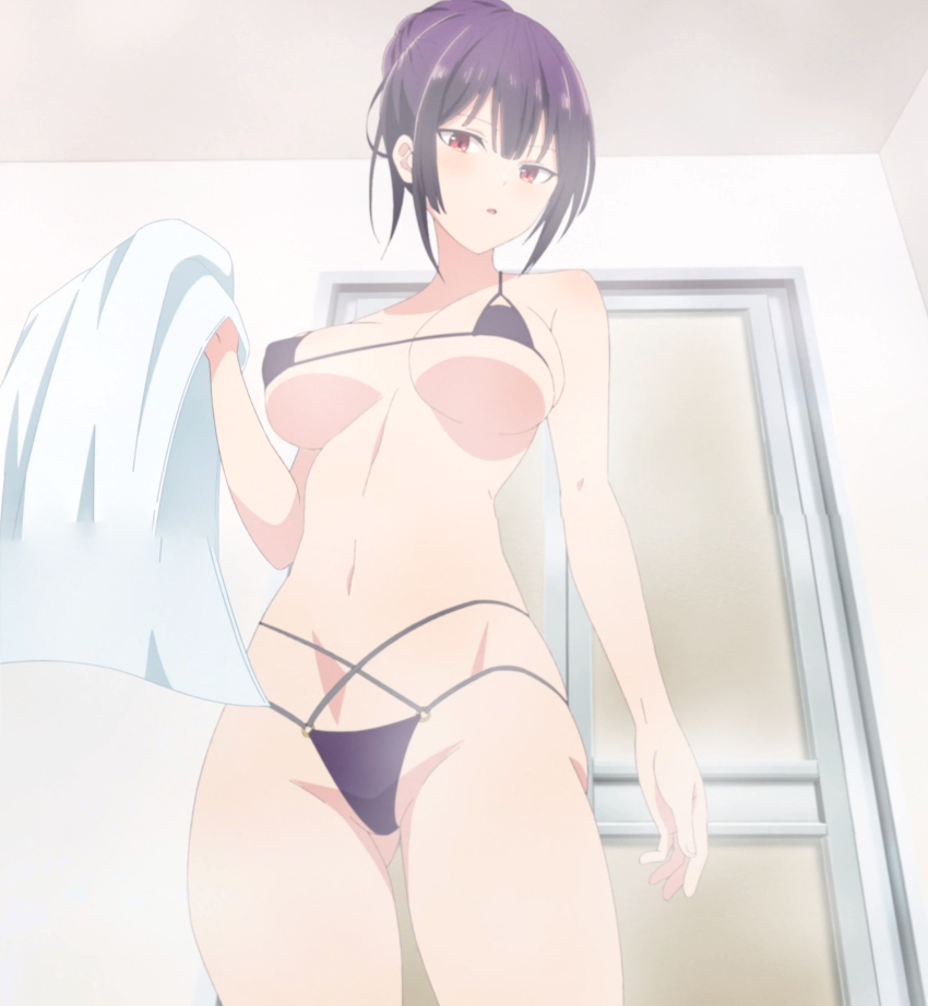1girl absurdres anime_screenshot bikini black_bikini breasts cowboy_shot female_focus gluteal_fold haite_kudasai_takamine-san highres holding holding_towel indoors large_breasts micro_bikini o-ring o-ring_bikini o-ring_bottom parted_lips purple_hair red_eyes short_hair sidelocks solo stitched swimsuit takamine_takane thighs third-party_edit towel