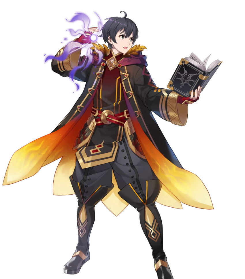 1boy black_boots black_eyes black_hair book boots eihi fire_emblem fire_emblem_awakening fire_emblem_heroes full_body gloves gradient_clothes highres holding holding_book hooded_robe knee_boots male_focus male_morgan_(fire_emblem) male_morgan_(resplendent)_(fire_emblem) nintendo official_alternate_costume official_art open_book red_gloves robe solo third-party_source white_background