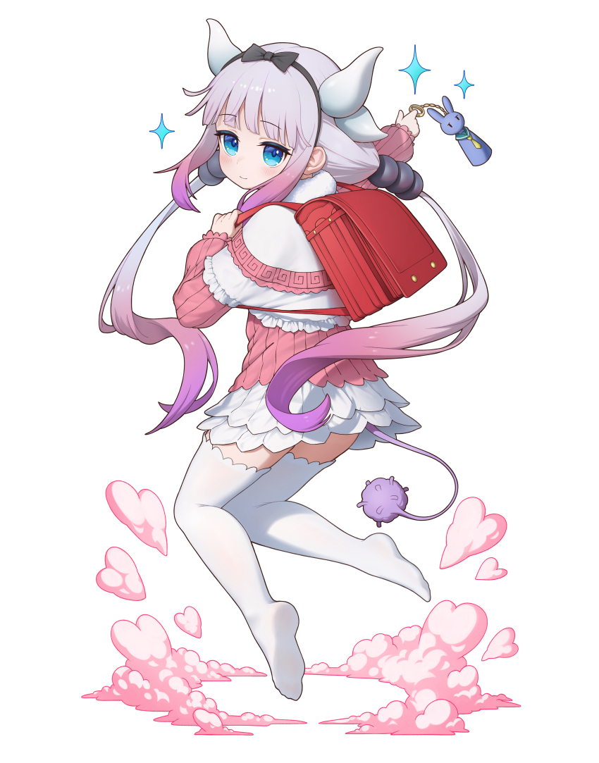 1girl absurdres backpack bag bag_charm beads black_bow black_hairband blue_eyes blunt_bangs blush bow capelet charm_(object) child closed_mouth commentary dead_10001 dragon_girl dragon_horns dress frilled_capelet frills full_body gradient_hair hair_beads hair_bow hair_ornament hairband heart highres holding holding_strap horns kanna_kamui kobayashi-san_chi_no_maidragon long_hair long_sleeves looking_at_viewer looking_back low_twintails microdress multicolored_hair no_shoes outstretched_arm panties pink_dress pink_hair purple_hair randoseru red_bag short_dress sidelocks simple_background solo sparkle tail thighhighs transparent_background twintails underwear white_background white_capelet white_panties white_thighhighs zettai_ryouiki