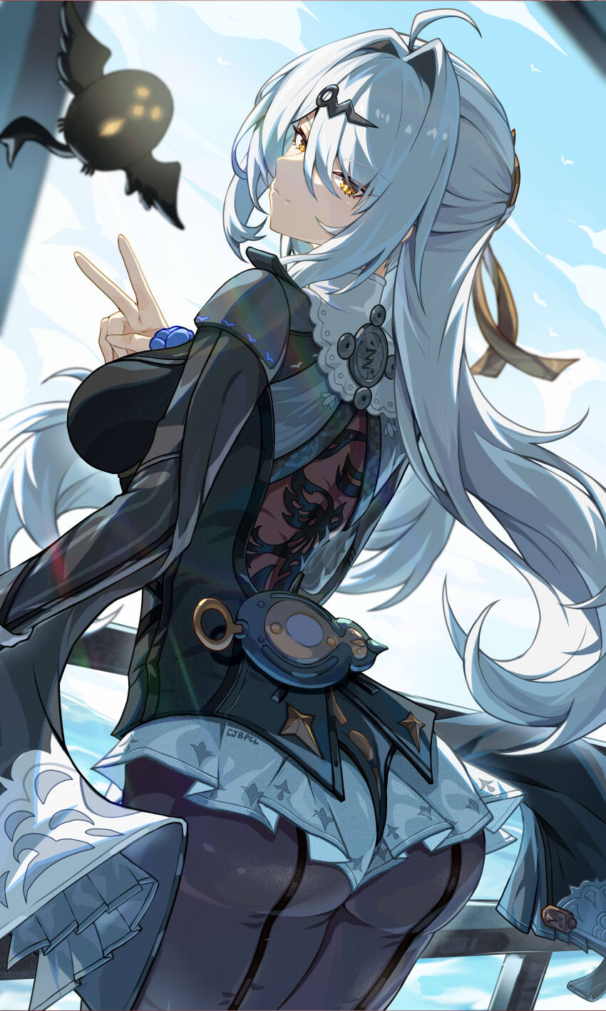 1girl absurdres ahoge ass back-seamed_legwear bird black_bird black_jacket black_pantyhose blue_flower blue_rose breasts bupa_chila closed_mouth commentary_request cowboy_shot flower flower_on_chest from_behind grey_hair hair_intakes hair_ornament highres jacket large_breasts long_hair long_sleeves looking_at_viewer miniskirt official_alternate_costume pantyhose rose seamed_legwear sidelocks skirt smile solo v very_long_hair white_skirt yellow_eyes yixuan_(trails_of_ink)_(zenless_zone_zero) yixuan_(zenless_zone_zero) zenless_zone_zero