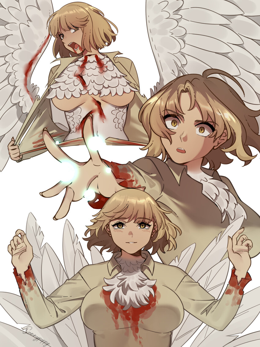 1girl ahoge blonde_hair blood blood_on_chest blood_on_clothes blood_on_face bloody_wings body_fur breasts chimera commentary dungeon_meshi english_commentary falin_touden falin_touden_(chimera) feathered_wings feathers floating_hair hair_over_one_eye highres large_breasts looking_at_viewer looking_to_the_side magic medium_hair multiple_views open_clothes open_mouth open_shirt outstretched_arm painttool_sai_(medium) shirt simple_background smile sunnypoppy tearing_clothes teeth torn_clothes torn_sleeves underboob upper_body upper_teeth_only white_background white_feathers white_wings wings yellow_eyes