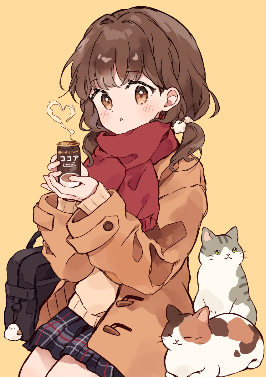1girl absurdres animal_charm bag blush brown_coat brown_hair brown_sweater can cat charm_(object) choppy_bangs coat commentary_request cowboy_shot english_text hair_intakes highres holding holding_can ibispaint_(medium) long_hair long_sleeves looking_at_viewer low_twintails napo_(napo_illust) orange_background orange_eyes original parted_lips plaid_clothes plaid_skirt pleated_skirt purple_skirt red_scarf scarf school_bag simple_background sitting skirt solo steam steaming_food sweater twintails wavy_hair