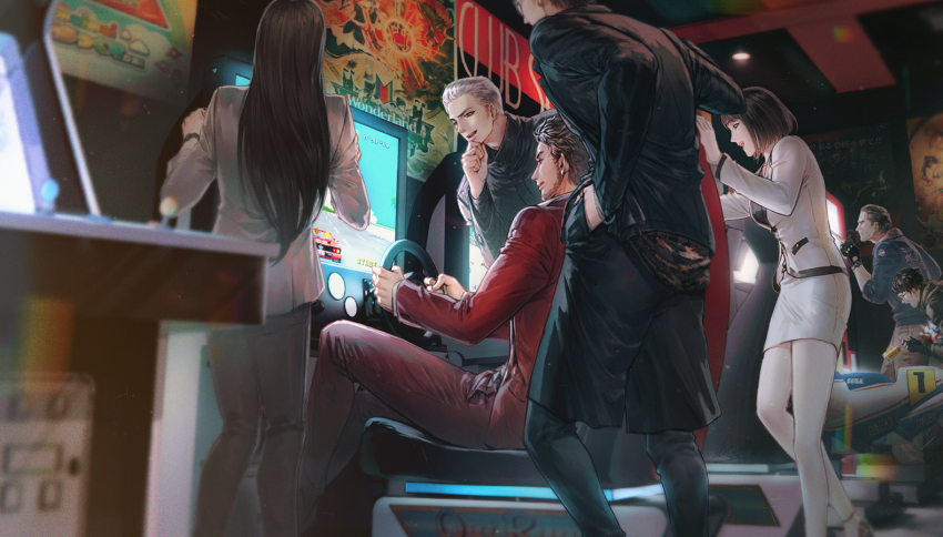 2girls 5boys adachi_koichi arcade black_gloves black_hair gloves grey_jacket group_picture hair_slicked_back han_joon-gi jacket jiao_mao kamataki_eri kasuga_ichiban long_hair mukoda_saeko multiple_boys multiple_girls nanba_yu out_run pants red_jacket ryuu_ga_gotoku_(series) ryuu_ga_gotoku_7 sega shirt shorts sleeves_rolled_up smile sunglasses super_hang-on white_jacket zhao_tianyou