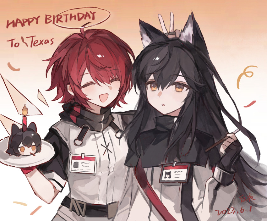 2girls :d animal_ears arknights black_capelet black_sleeves brown_background candle capelet chinese_commentary closed_eyes commentary_request crisa940 dated detached_wings exusiai_(arknights) food gradient_background hair_between_eyes happy_birthday highres holding holding_food holding_plate holding_pocky jacket long_sleeves looking_at_another multiple_girls open_mouth parted_lips plate pocky red_hair short_hair short_sleeves smile texas_(arknights) v v_over_head white_background white_jacket wings wolf_ears wolf_girl yellow_eyes