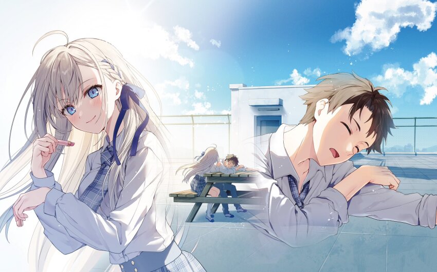 1boy 1girl ahoge bcoca blonde_hair blue_eyes blue_sky braid chain-link_fence closed_eyes cloud cosmetics door dress_shirt fence hair_ribbon highres holding holding_lipstick_tube kneehighs lipstick_tube long_hair looking_at_another machigane_lily minazuki_saito multiple_views necktie novel_illustration official_art open_mouth ore_no_osananajimi_wa_main_heroine_rashii. plaid_clothes plaid_necktie plaid_skirt ribbon school_uniform second-party_source shirt shoes sitting skirt sky sleeping smile socks table uwabaki