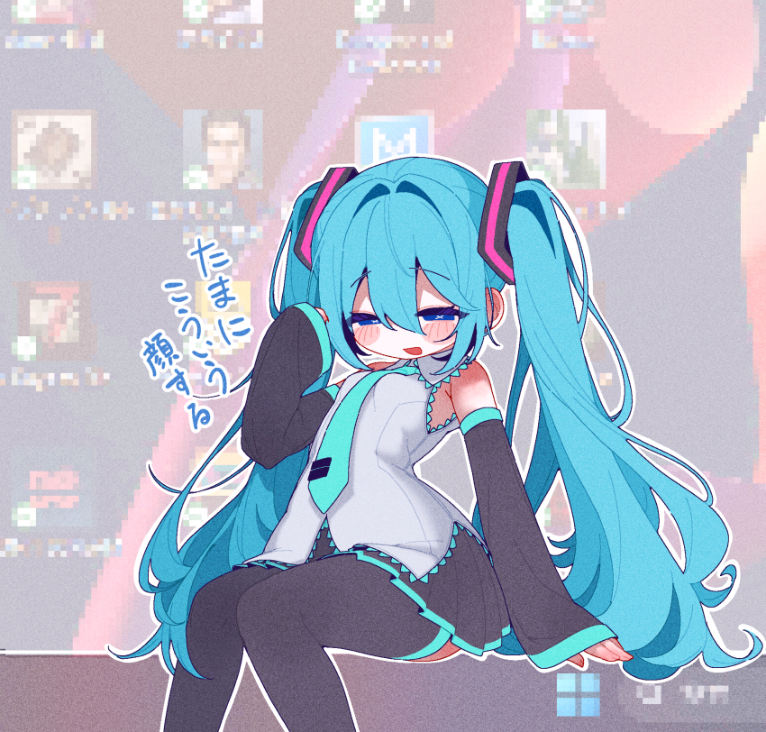 1girl aqua_necktie banananosongen black_skirt black_sleeves black_thighhighs blue_eyes blue_hair blush desktop_(computing) detached_sleeves feet_out_of_frame grey_shirt hair_between_eyes half-closed_eyes hand_up hatsune_miku highres long_hair looking_at_viewer miniskirt necktie open_mouth pixelated_background pleated_skirt shirt sitting skirt sleeveless sleeveless_shirt sleeves_past_wrists solo thighhighs twintails very_long_hair vocaloid
