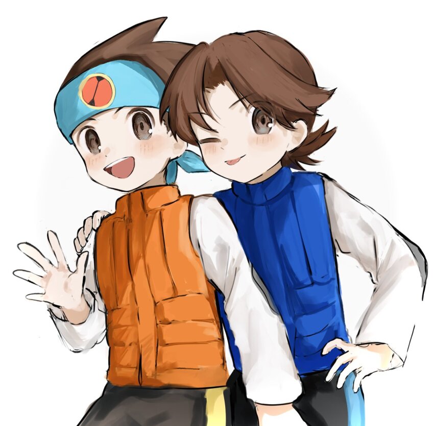 2boys black_shorts blue_vest blush brothers brown_eyes brown_hair cowboy_shot highres hub_hikari_(mega_man) lan_hikari_(mega_man) male_focus mega_man_(series) mega_man_battle_network_(series) multiple_boys one_eye_closed open_mouth orange_vest rokuroku551 short_hair shorts siblings simple_background tongue tongue_out twins vest white_background