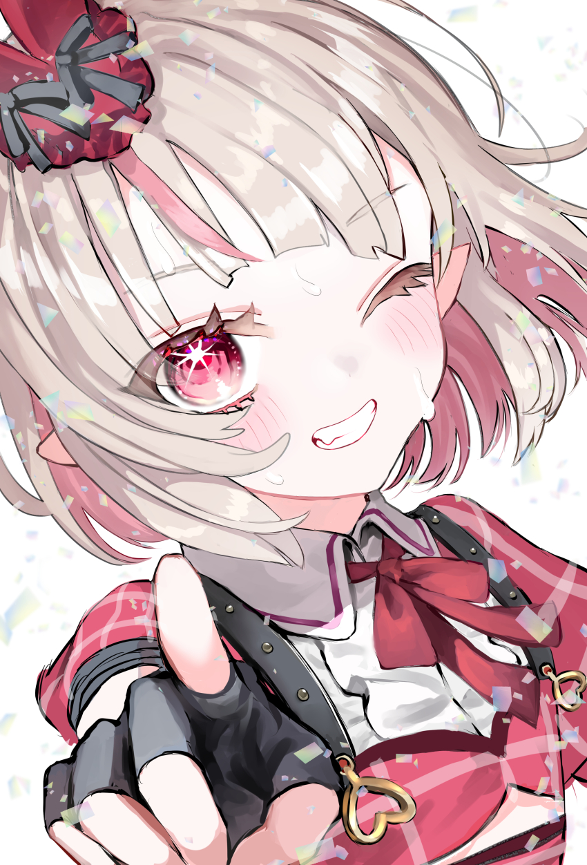 1girl absurdres amanatsu_uni black_bow black_gloves blunt_bangs blush bob_cut bow bowtie center_frills clothing_cutout collar colored_inner_hair confetti dress dutch_angle fang fingerless_gloves floating_hair frills gloves grey_hair grin hat hat_bow heart heart_o-ring highres idol_clothes layered_dress looking_at_viewer makaino_ririmu medium_hair mini_hat multicolored_hair nijisanji o-ring official_alternate_costume official_alternate_hairstyle one_eye_closed pink_hair plaid_clothes plaid_dress plaid_sleeves pointing pointing_at_viewer pointy_ears puffy_short_sleeves puffy_sleeves red_bow red_bowtie red_dress red_eyes red_sleeves short_sleeves shoulder_strap simple_background smile solo sparkling_eyes streaked_hair sweat underboob_cutout upper_body virtual_youtuber white_background white_collar