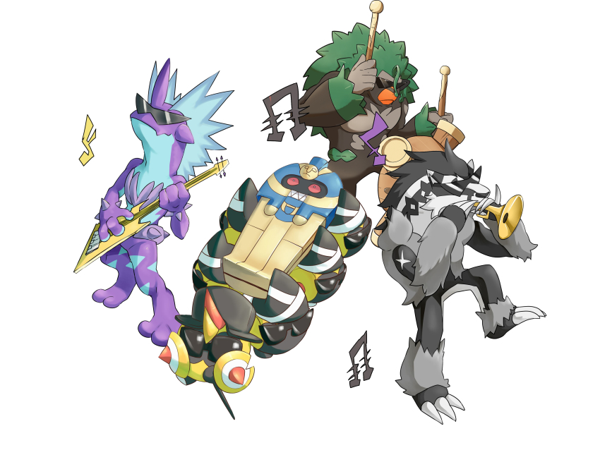 absurdres assisted_carrying carrying cofagrigus dancing dancing_pallbearers_(meme) drum drumsticks falinks full_body gen_5_pokemon gen_8_pokemon guitar hat highres instrument meme musical_note nintendo no_humans obstagoon pokemon pokemon_(creature) rillaboom sunglasses teamwork top_hat toxtricity toxtricity_(low_key) triangular_eyewear trumpet white_background zhen_xionggui