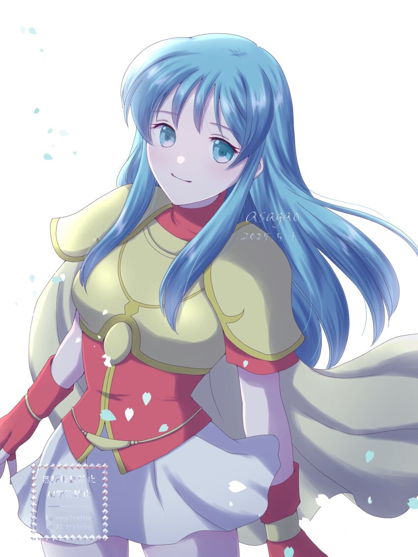 1girl armor artist_name asagao_l breastplate cape closed_mouth dated eirika_(fire_emblem) fingerless_gloves fire_emblem fire_emblem:_the_sacred_stones gloves highres long_hair looking_at_viewer nintendo pauldrons red_gloves red_shirt shirt shoulder_armor sidelocks skirt smile solo white_background white_skirt