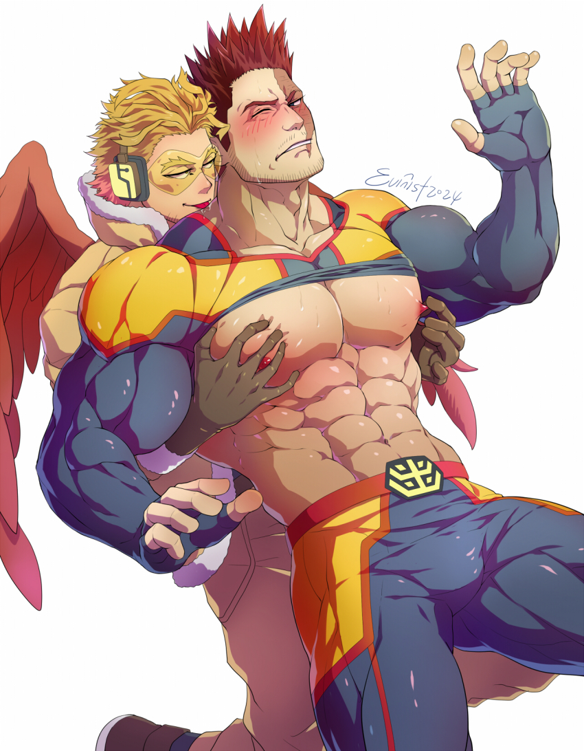 2boys abs bara bare_pectorals black_gloves blonde_hair blue_bodysuit blush bodysuit boku_no_hero_academia burn_scar clothes_lift endeavor_(boku_no_hero_academia) evinist feathered_wings gloves grabbing_from_behind hawks_(boku_no_hero_academia) highres large_pectorals male_focus mature_male multiple_boys muscular muscular_male navel nipples one_eye_closed orange_bodysuit pectoral_grab pectorals red_hair red_wings scar scar_on_face short_hair tongue tongue_out two-tone_bodysuit wings yaoi