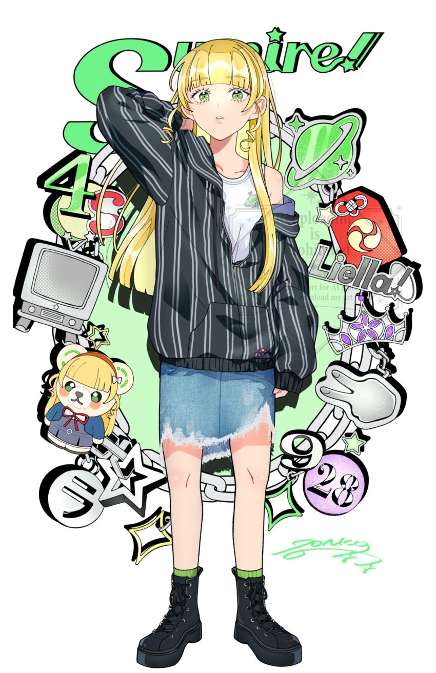 1girl animalization black_boots black_jacket blonde_hair blue_skirt blunt_bangs boots character_doll character_logo character_name collarbone commentary_request crt denim denim_skirt doll full_body green_eyes green_socks heanna_sumire highres hood hooded_jacket jacket lace-up_boots long_sleeves love_live! love_live!_superstar!! miniskirt official_alternate_costume official_art omamori partially_unzipped pinstripe_jacket pinstripe_pattern ponko517 single_off_shoulder skirt socks solo standing stuffed_animal stuffed_toy tank_top teddy_bear television torn_clothes torn_skirt v watermark white_tank_top