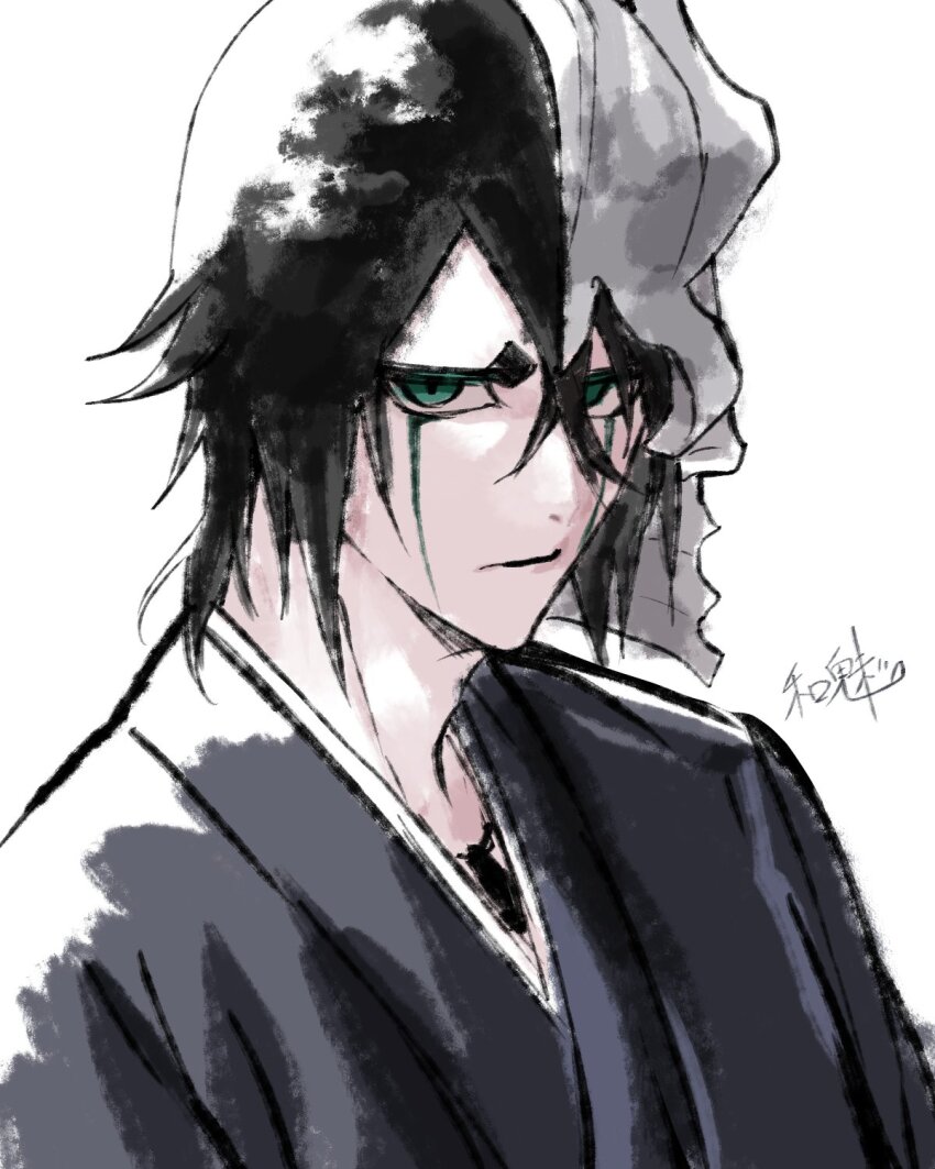 1boy arrancar black_hair bleach closed_mouth commentary_request facial_mark green_eyes hair_between_eyes highres hishui_prpr looking_at_viewer male_focus medium_hair simple_background solo ulquiorra_cifer upper_body white_background