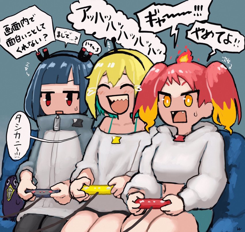 3girls :d ^_^ amano_pikamee animal aqua_hair arrow_(symbol) bird black_hair black_hairband black_legwear black_shorts blonde_hair blue_shorts closed_eyes collarbone commentary_request controller couch crying fangs game_controller grey_background gyari_(bird) hair_between_eyes hairband high_collar highres hikasa_tomoshika holding hood hood_down hoodie jacket jitomi_monoe long_sleeves magnet midriff multicolored_hair multiple_girls off-shoulder_shirt off_shoulder on_couch open_mouth pantyhose partially_translated playing_games puffy_long_sleeves puffy_sleeves red_eyes red_hair saji_of_kamo sharp_teeth shirt short_shorts shorts simple_background sitting smile streaming_tears sweat tears teeth translation_request two-tone_hair virtual_youtuber voms white_hoodie white_jacket white_shirt yellow_eyes zipper_pull_tab
