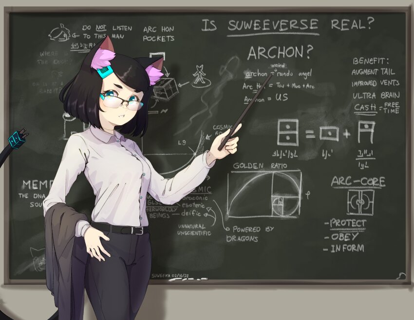 1girl absurdres animal_ear_fluff animal_ears belt black_belt black_hair black_jacket black_pants blue_eyes cable chalkboard commentary electric_plug english_commentary english_text glasses haqu_(suweeka) highres holding holding_unworn_clothes holding_jacket holding_pointer holding_unworn_clothes jacket looking_at_viewer original pants pointer semi-rimless_eyewear shirt short_hair solo standing suweeka unworn_jacket white_shirt