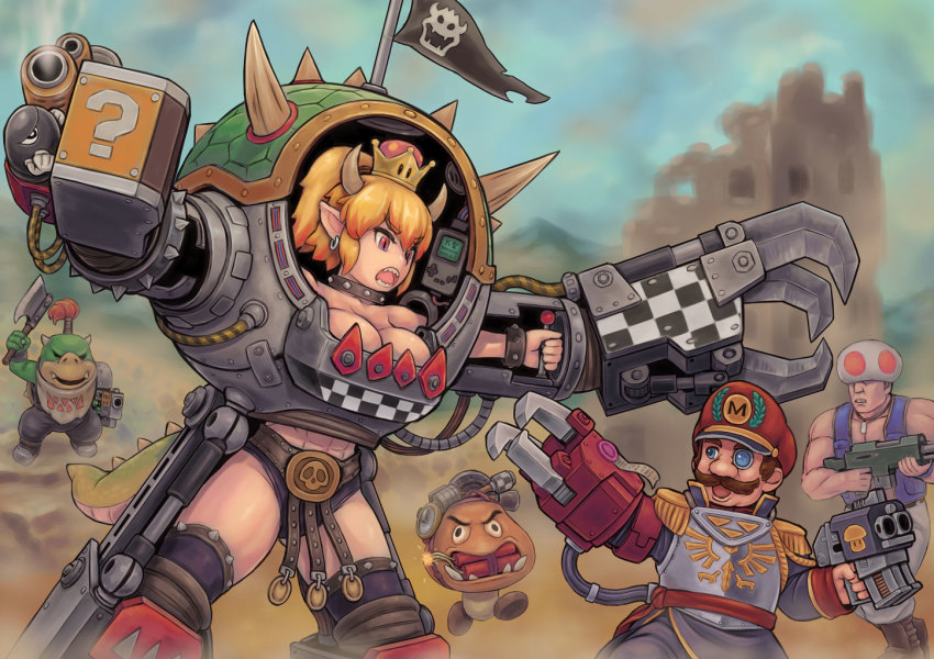 .75_calibre_bolt 1girl 3boys abs anti-materiel_cartridge armor axe blonde_hair bolt_(warhammer_40k) bolter bowser_jr. bowsette breasts cleavage commentary_request crossover crown dynamite earrings exoskeleton explosive facial_hair flag game_boy game_boy_(original) ghazghkull_mag_uruk_thraka goomba handheld_game_console high-explosive_cartridge horns imperium_of_man jewelry kensaint large_breasts mario mario_(series) mechanical_arms multiple_boys mustache new_super_mario_bros._u_deluxe nintendo open_mouth orc ork_(warhammer) pointy_ears ponytail power_claw red_eyes rocket-assisted_projectile sebastian_yarrick sharp_teeth single_mechanical_arm spiked_tail spikes super_crown tail teeth toad_(mario) warhammer_40k weapon window_magazine
