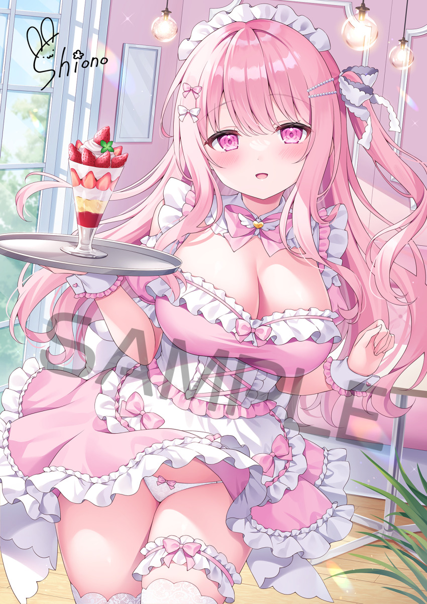 1girl bow breasts cleavage frilled_thigh_strap frills highres holding indoors large_breasts long_hair looking_at_viewer maid maid_headdress panties pink_eyes pink_hair sample_watermark shiono_(0303) solo thigh_strap tray underwear watermark white_panties