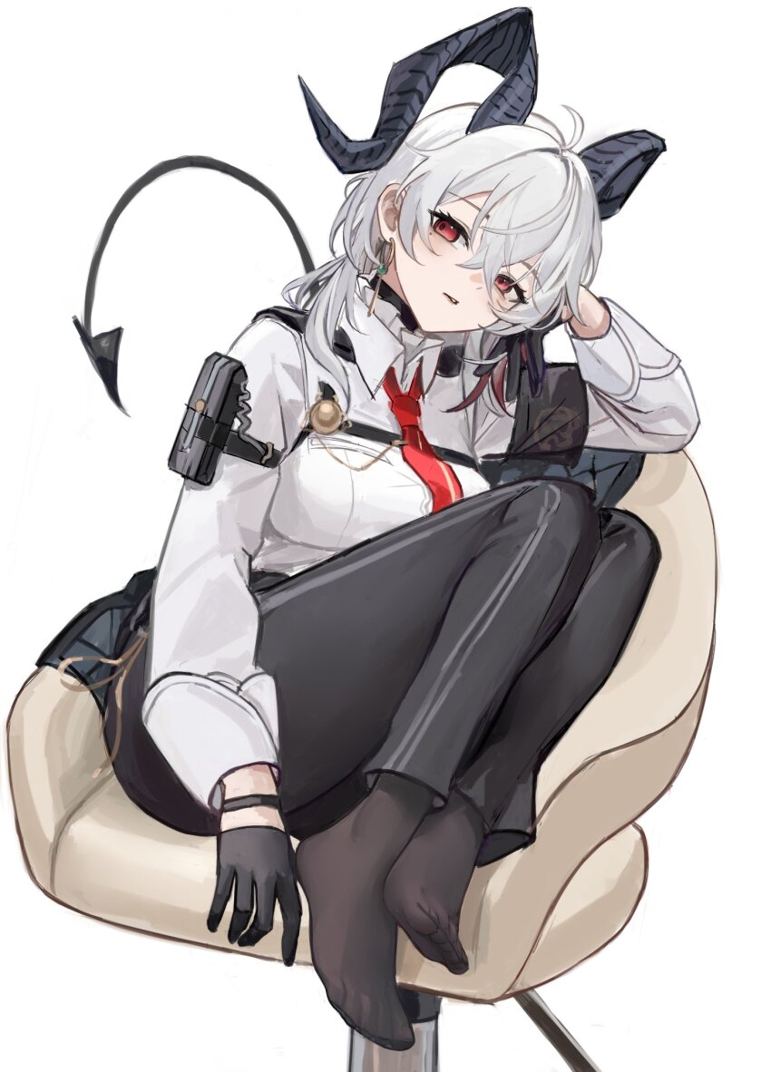 1girl arm_pouch armband black_armband black_choker black_gloves black_horns black_pants black_pantyhose black_pouch black_tail breasts chest_harness choker collared_shirt commentary curled_horns demon_tail earrings english_commentary gloves hair_between_eyes harness highres horns jewelry key_earrings large_breasts long_hair long_sleeves nagata_gata necktie no_shoes on_chair pants pantyhose pantyhose_under_pants parted_lips red_eyes red_necktie shirt simple_background sitting solo tail tight_clothes tight_pants toes white_background white_hair white_shirt wuthering_waves zani_(wuthering_waves)