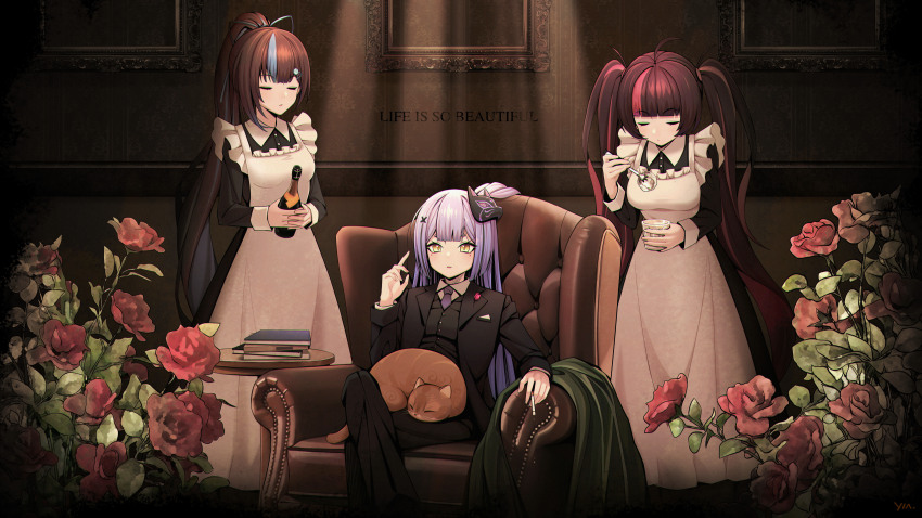 3girls absurdres alcohol alternate_costume animal animal_on_lap apron azusa_(vtuber) virtuareal_link black_jacket black_vest blue_hair blue_necktie book book_stack brown_hair cat cat_on_lap chuansongdai cigarette couch dress_shirt english_text enmaided flower food formal_clothes hair_ribbon highres holding holding_cigarette ice_cream jacket kero_(vtuber) virtuareal_link looking_at_viewer maid maid_apron multicolored_hair multiple_girls nanami_(virtuareal) necktie nijisanji on_couch on_lap portrait_(object) red_hair ribbon rose shirt sitting spoon streaked_hair suit table vest virtual_youtuber virtuareal white_shirt yellow_eyes
