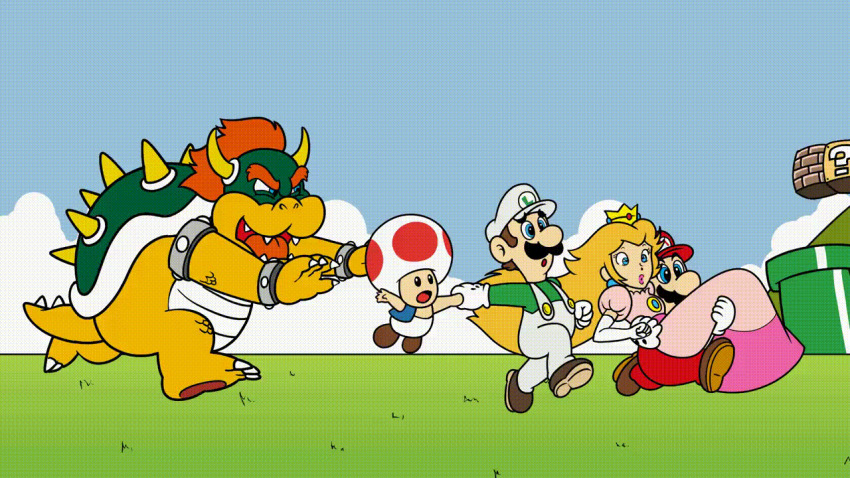 ?_block animated animated_gif blonde_hair blue_shirt blue_sky bowser brick_block brown_hair brown_shoes carrying carrying_person chasing crown dress en20silva facial_hair fangs grass green_shirt hat holding_hands horns industrial_pipe luigi mario mario_(series) mountain mushroom_on_head mustache nintendo orange_hair overalls pink_dress princess princess_peach red_hat red_overalls running shell shirt shoes size_difference sky spikes super_mario_bros._1 toad_(mario) turtle white_hat white_overalls