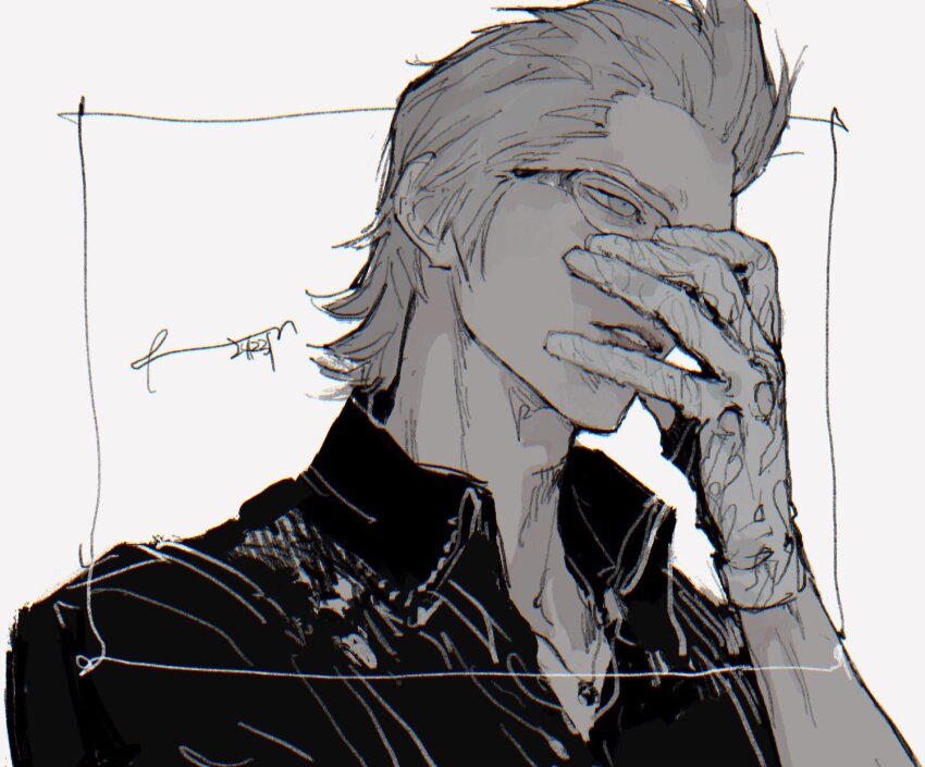 1boy arm_up collared_shirt dadadadadaist final_fantasy final_fantasy_xv glasses greyscale hair_slicked_back hand_on_own_face highres ignis_scientia jewelry looking_ahead male_focus monochrome necklace open_collar parted_lips popped_collar rimless_eyewear shirt short_hair solo teeth upper_body