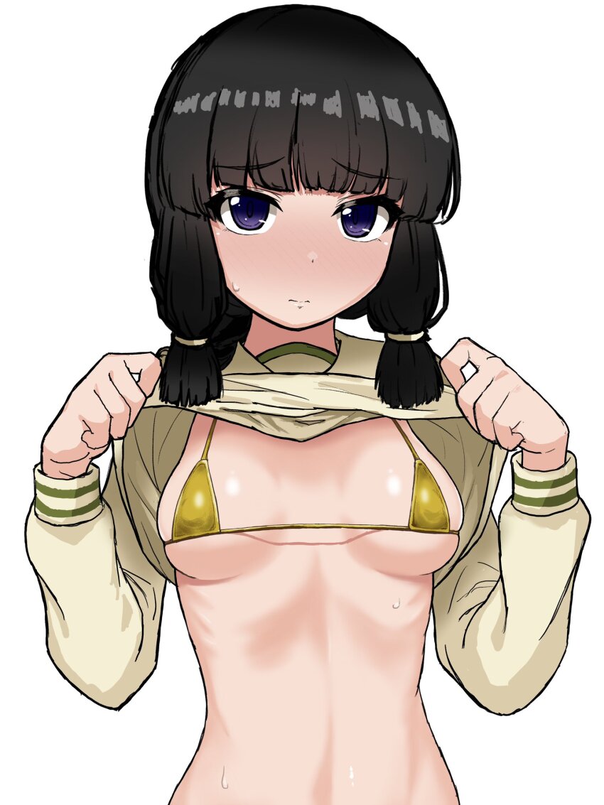 1girl bikini bikini_under_clothes black_hair blunt_bangs braid breasts clothes_lift gold_bikini hair_ribbon highres kantai_collection kinakomochi_(testament05) kitakami_(kancolle) kitakami_kai_ni_(kancolle) lifting_own_clothes long_hair long_sleeves looking_at_viewer micro_bikini navel purple_eyes ribbon sailor_collar school_uniform serafuku shirt_lift single_braid small_breasts solo swimsuit tress_ribbon upper_body yellow_sailor_collar yellow_serafuku