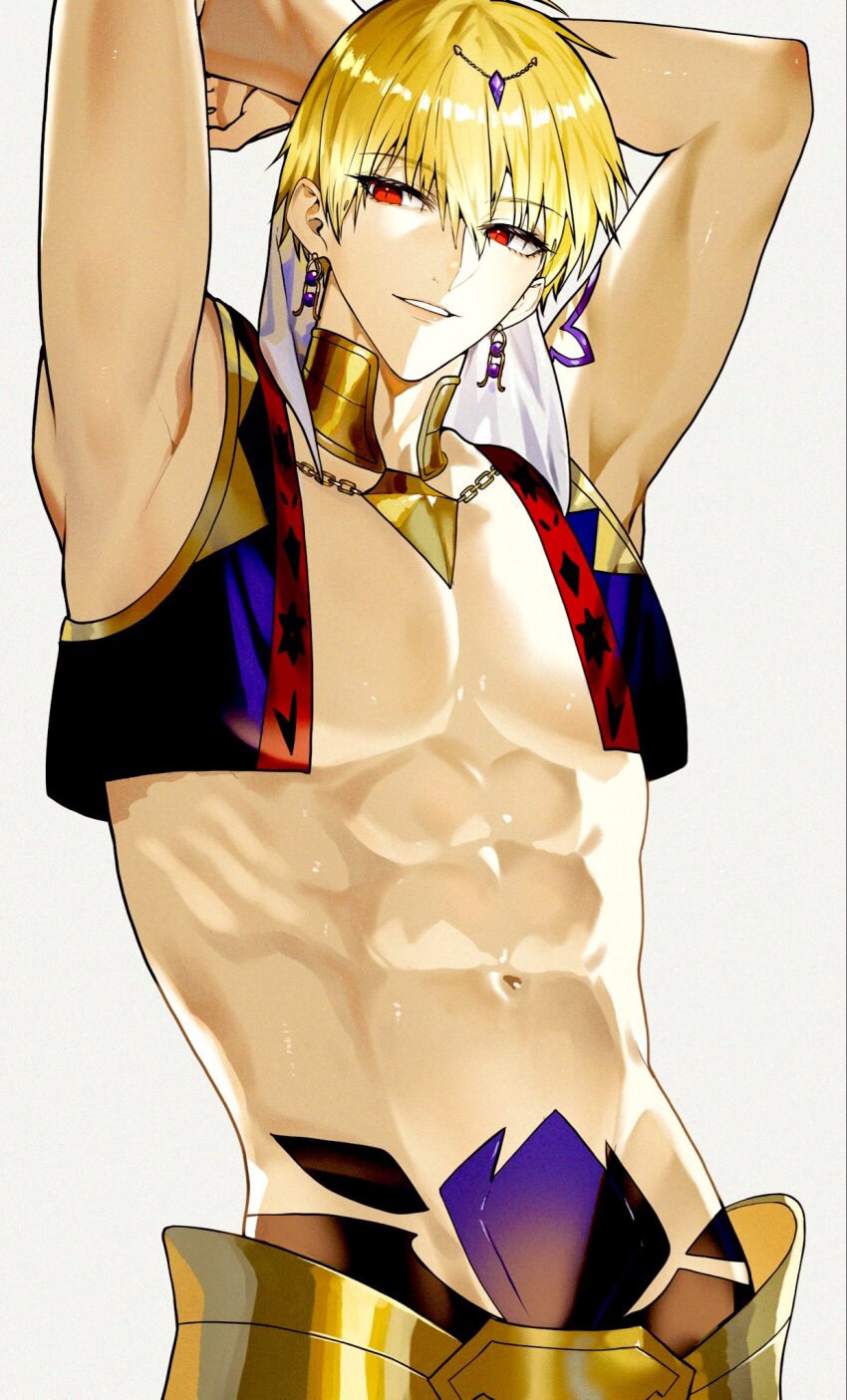 1boy abs armpits arms_behind_head arms_up blonde_hair cropped_jacket earrings fate/grand_order fate_(series) gilgamesh gilgamesh_(caster)_(fate) gilgamesh_(fate) gold_collar goryu_hant grey_background highres jacket jewelry looking_to_the_side male_focus necklace open_clothes open_jacket parted_lips presenting_armpit red_eyes short_hair sidelighting simple_background smile solo toned toned_male upper_body veil