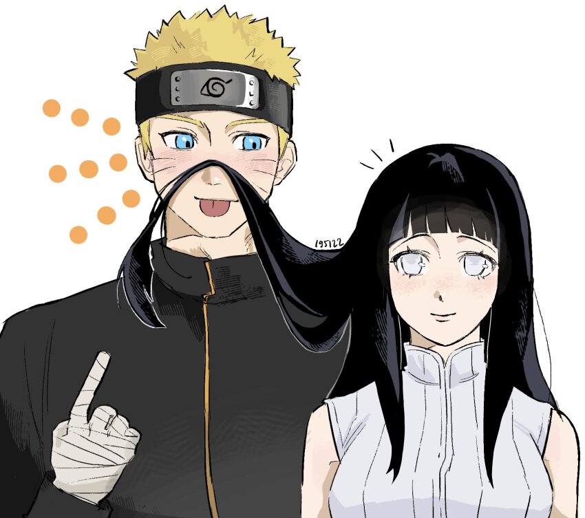 1boy 1girl artist_name bandaged_hand bandages bare_shoulders black_hair black_jacket blonde_hair blue_eyes blush closed_mouth couple facial_mark forehead_protector hashtag-only_commentary hetero highres hyuuga_hinata index_finger_raised jacket konohagakure_shinobi_uniform long_hair looking_at_viewer naruto:_the_last naruto_(series) ns195122 short_hair smile tongue tongue_out upper_body uzumaki_naruto whisker_markings white_background white_eyes
