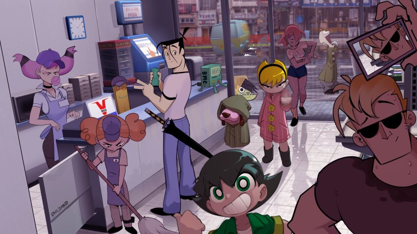 5girls adventure_time alternate_costume angry apron artist_collaboration artist_name black_eyes black_hair bleedman blonde_hair bmo boots box breasts bright_pupils broom buttercup_(ppg) can cartoon_network cellphone censored censored_gesture chewing_gum clock closed_eyes colored_skin courage_(character) courage_the_cowardly_dog crossover dc_comics denim dog ear_piercing ed_(ed_edd_n_eddy) ed_edd_n_eddy floral_print food foster&#039;s_home_for_imaginary_friends frankie_foster green_eyes green_skin highres hood indoors jacket jeans jinx_(dc) johnny_bravo johnny_bravo_(series) lil&#039;_arturo mandy_(grim_adventures) medium_breasts middle_finger mosaic_censoring motor_vehicle multiple_girls mystery_machine one_eye_covered open_mouth orange_hair pants philtomato phone piercing pink_hair plank_(ed_edd_n_eddy) pointing powerpuff_girls princess_morbucks rain rubber_boots samurai_jack samurai_jack_(character) scooby-doo selfie shoes shop shorts smile socks sunglasses teen_titans teeth the_grim_adventures_of_billy_&amp;_mandy tongue tongue_out umbrella v wet wet_clothes white_pupils white_socks