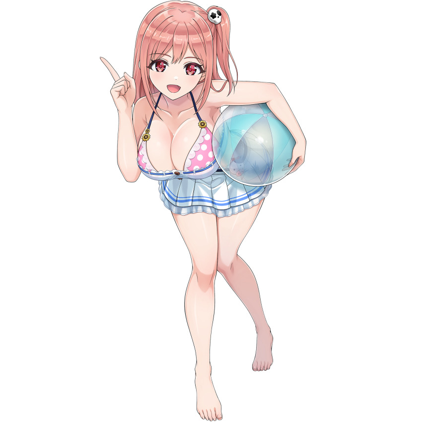 1girl ball barefoot beachball bikini bikini_skirt breasts cleavage dead_or_alive dead_or_alive_xtreme dead_or_alive_xtreme_venus_vacation dolphin_wave frills game_cg hair_ornament hair_ribbon highres holding holding_ball honoka_(doa) large_breasts leaning_forward looking_at_viewer medium_hair non-web_source official_art one_side_up ootomo_takuji open_mouth pink_hair pointing pointing_up polka_dot polka_dot_bikini red_eyes ribbon skull_hair_ornament smile solo swimsuit transparent_background