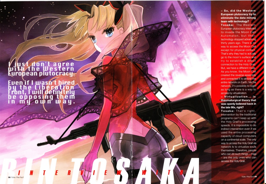 10s 1girl ak-47 ass assault_rifle blonde_hair blue_eyes bow butt_crack city fate/extra fate_(series) female_focus fingerless_gloves gloves gun highres kalashnikov_rifle pants rifle scan scenery solo tight_clothes tight_pants tohsaka_rin tohsaka_rin_(fate/extra) tohsaka_rin_(true_appearance)_(fate/extra) twintails wada_arco weapon