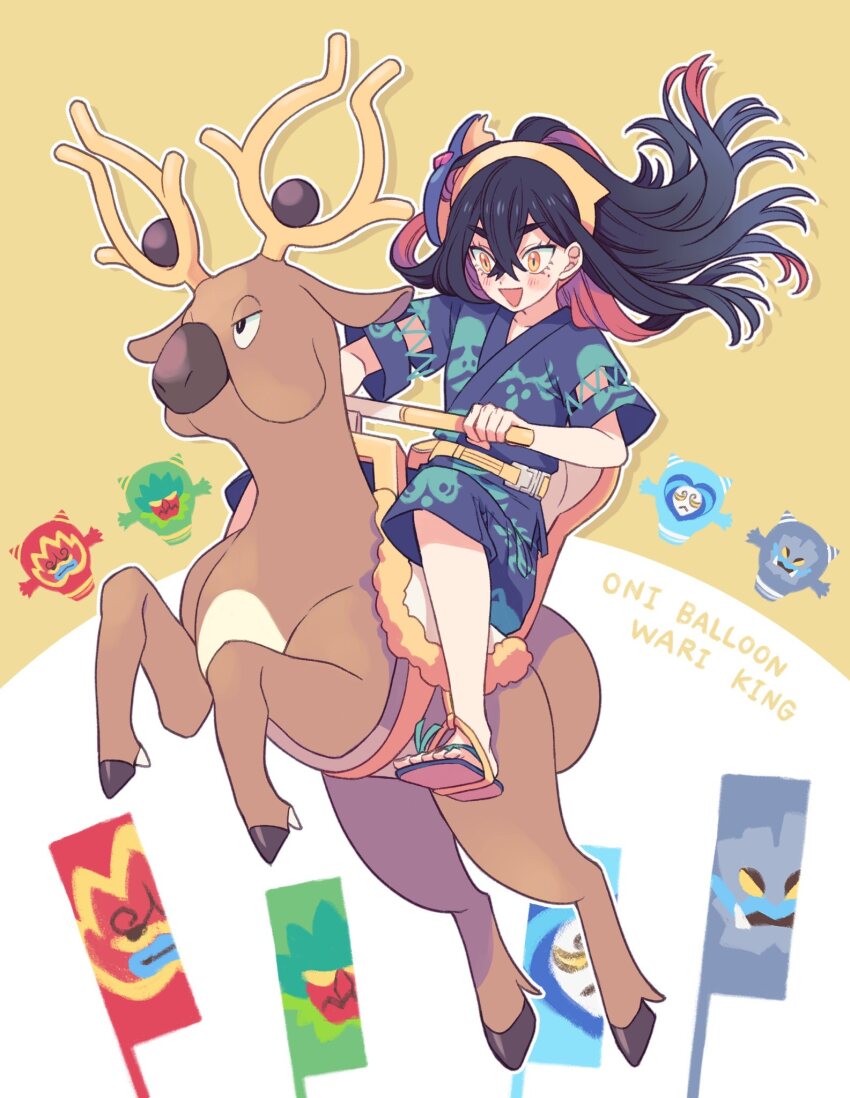 1girl :d black_hair blue_pants blue_shirt blush carmine_(pokemon) crossed_bangs eyelashes fanny_pack flag floating_hair gen_2_pokemon hair_between_eyes hairband highres holding japanese_clothes jinbei_(clothes) komasawa_(fmn-ppp) long_hair nintendo open_mouth outline pants pokemon pokemon_(creature) pokemon_sv riding riding_pokemon sandals shirt short_sleeves sitting smile stantler toes yellow_bag yellow_eyes yellow_hairband