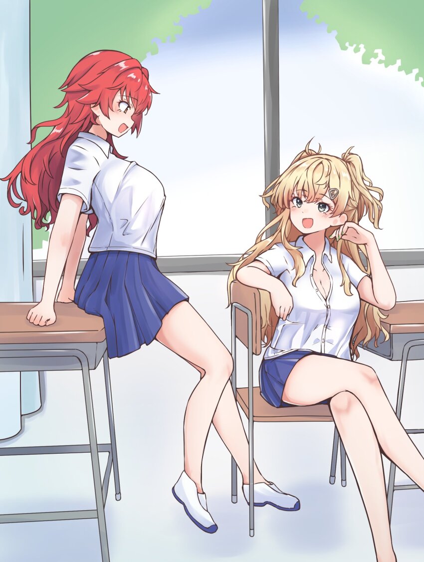 2girls 702_(naotsu) blonde_hair blue_eyes blue_skirt breasts cleavage collared_shirt commentary_request desk dress_shirt feet_out_of_frame highres kantai_collection long_hair medium_breasts minneapolis_(kancolle) multiple_girls open_mouth phoenix_(kancolle) pleated_skirt red_eyes red_hair school_desk school_uniform shirt shoes sitting skirt smile two_side_up uwabaki white_shirt window