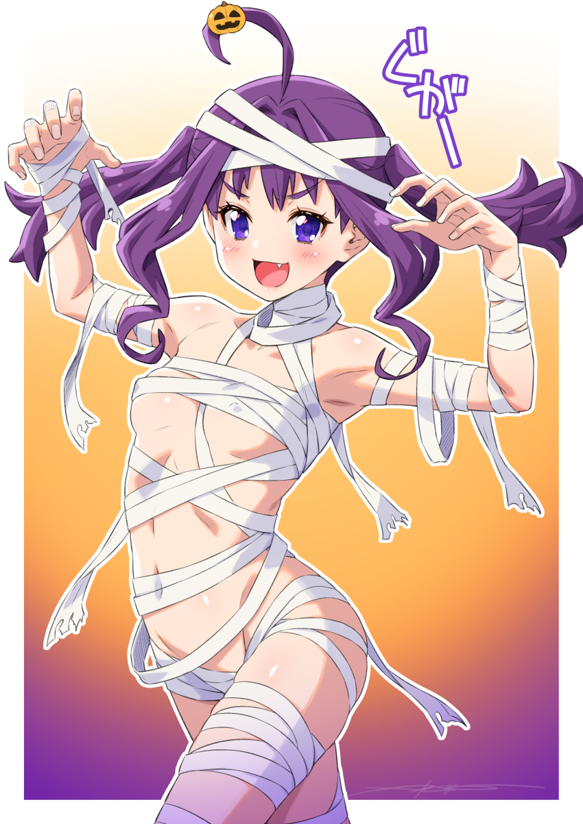 1girl :d absurdres ahoge armpits bandages breasts covered_erect_nipples fang fingernails gradient_background hair_ornament halloween highres jack-o&#039;-lantern jack-o&#039;-lantern_hair_ornament kazuma_muramasa kimi_to_idol_precure looking_at_viewer medium_hair mummy_costume naked_bandage open_mouth orange_background precure purple_background purple_eyes shigure_kokoro signature small_breasts smile solo standing twintails
