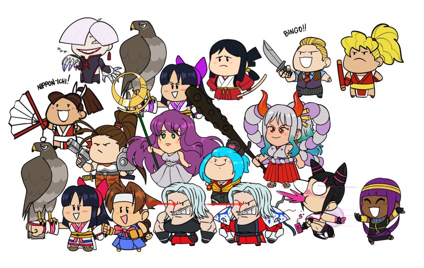 2girls 6+girls a.k.i._(street_fighter) ainu_clothes alien_(series) athena bakumatsu_rouman black_hair blonde_hair blue_hair breasts brown_hair capcom chibi cody_travers constricted_pupils crossover dark-skinned_female dark_skin dress dual_persona fingerless_gloves genryuusai_maki gloves glowing glowing_eye grey_hair grin gun han_juri hand_on_own_hip headband highres japanese_clothes justice_gakuen kido_saori knife large_breasts legs long_hair mamahaha medium_breasts menat midriff multiple_girls murasaki_nakoruru nakoruru navel ninja one_piece open_mouth pants ponytail purple_hair red_eyes rugal_bernstein saint_seiya samurai_spirits school_uniform shiranui_mai short_hair skirt smile snk spitting staff street_fighter sword takane_hibiki thighs weapon white_hair wide-eyed yamato_(one_piece)