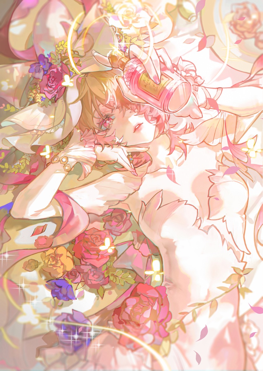1girl absurdres blonde_hair blurry bottle breasts chromatic_aberration cleavage collarbone depth_of_field detached_sleeves dress emilie_(genshin_impact) emilie_(guerlain)_(genshin_impact) eyelashes flower from_above genshin_impact glint gradient_hair hair_over_one_eye hands_up hat hat_flower highres holding holding_bottle iron_hailai jewelry lips long_sleeves looking_at_viewer lying medium_hair multicolored_hair nail_polish no_eyewear on_back orange_flower orange_rose parted_lips perfume_bottle petals pink_eyes pink_flower pink_hair pink_nails pink_ribbon pink_rose purple_flower ribbon ring rose sleeveless sleeveless_dress sleeves_past_wrists solo sparkle white_dress white_hat wrist_ribbon