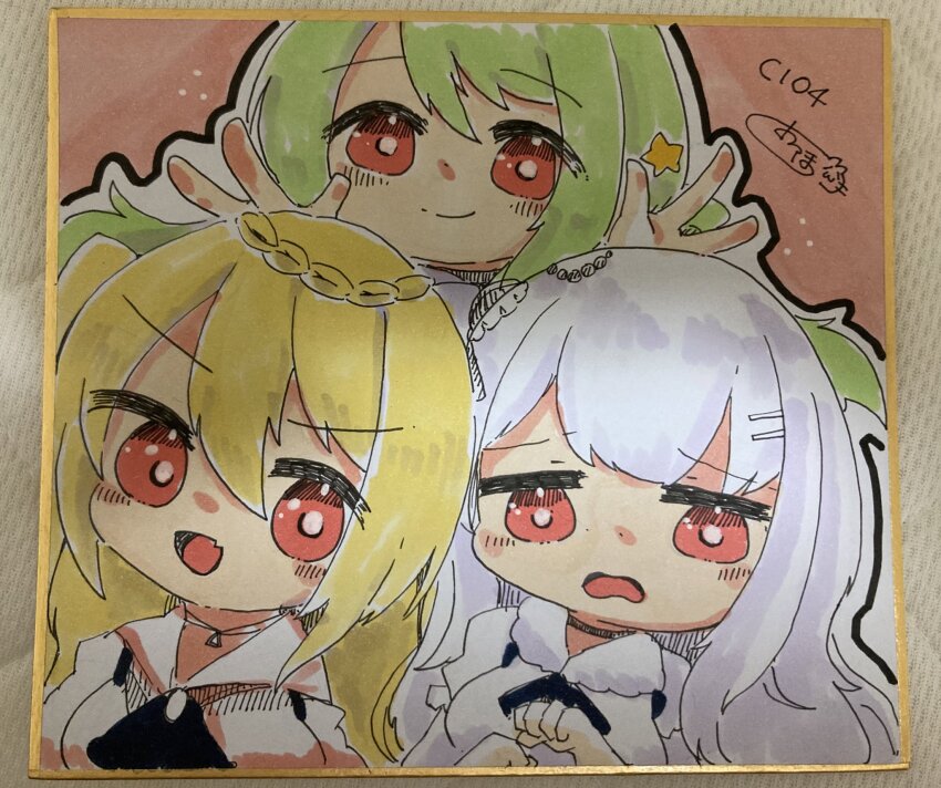 3girls azur_lane blonde_hair braid chibi chibi_only closed_mouth comet_(azur_lane) crescent_(azur_lane) cygnet_(azur_lane) double_w fang green_hair hair_between_eyes hair_ornament hairclip highres looking_at_viewer marker_(medium) multiple_girls open_mouth oppogatoreta photo_(medium) red_eyes skin_fang smile star_(symbol) star_hair_ornament traditional_media w white_hair