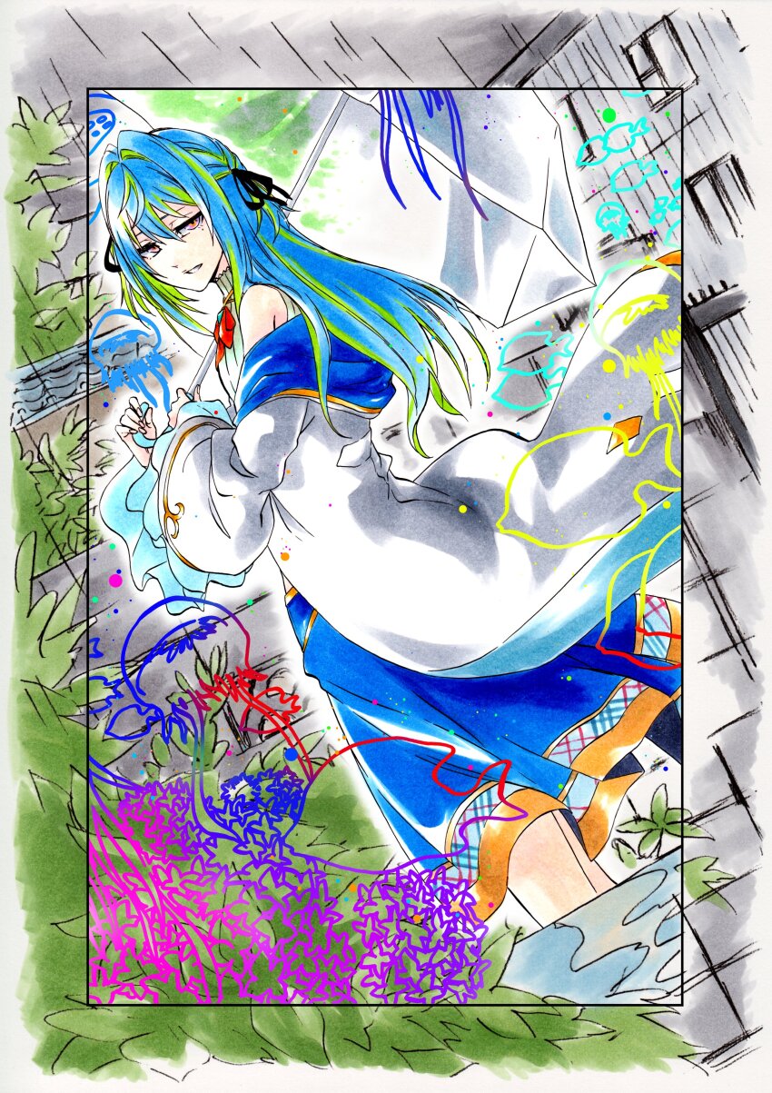 1girl absurdres bare_shoulders blue_hair blue_skirt brooch building fish hair_between_eyes hair_intakes hair_ribbon half-closed_eyes halterneck highres hiyoku_no_crosspiece holding holding_umbrella jacket jewelry ken&#039;ichi_(ken1ro_u) long_hair long_sleeves looking_at_viewer mole mole_under_eye multicolored_eyes multicolored_hair nanashi_inc. open_clothes open_jacket parted_lips plant puffy_sleeves purple_eyes rain ribbon skirt smile solo streaked_hair suzumi_nemo suzumi_nemo_(1st_costume) umbrella virtual_youtuber white_jacket